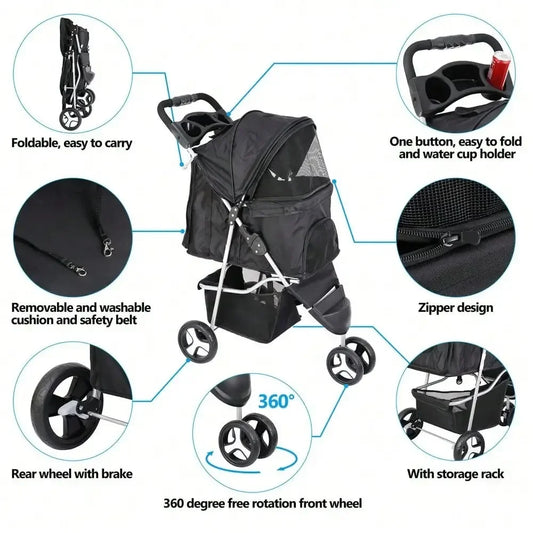 3-Wheel Foldable Dog Stroller for Small Dogs and Cats - Portable Pet Carrier with Cup Holder