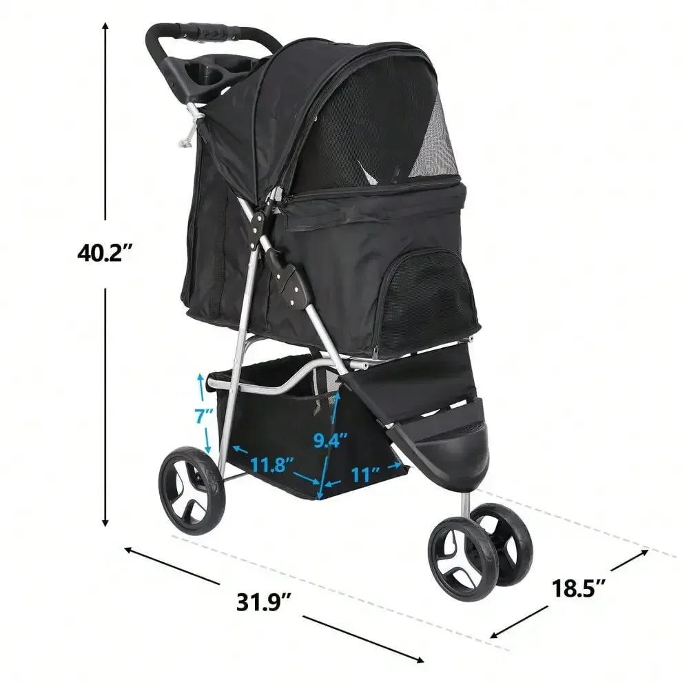 3-Wheel Foldable Dog Stroller for Small Dogs and Cats - Portable Pet Carrier with Cup Holder
