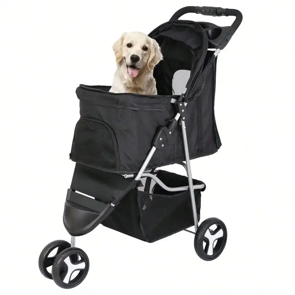 3-Wheel Foldable Dog Stroller for Small Dogs and Cats - Portable Pet Carrier with Cup Holder