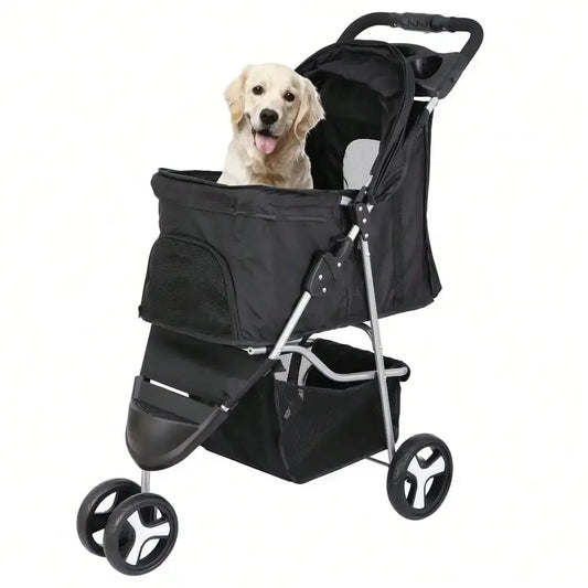 3-Wheel Foldable Dog Stroller for Small Dogs and Cats - Portable Pet Carrier with Cup Holder